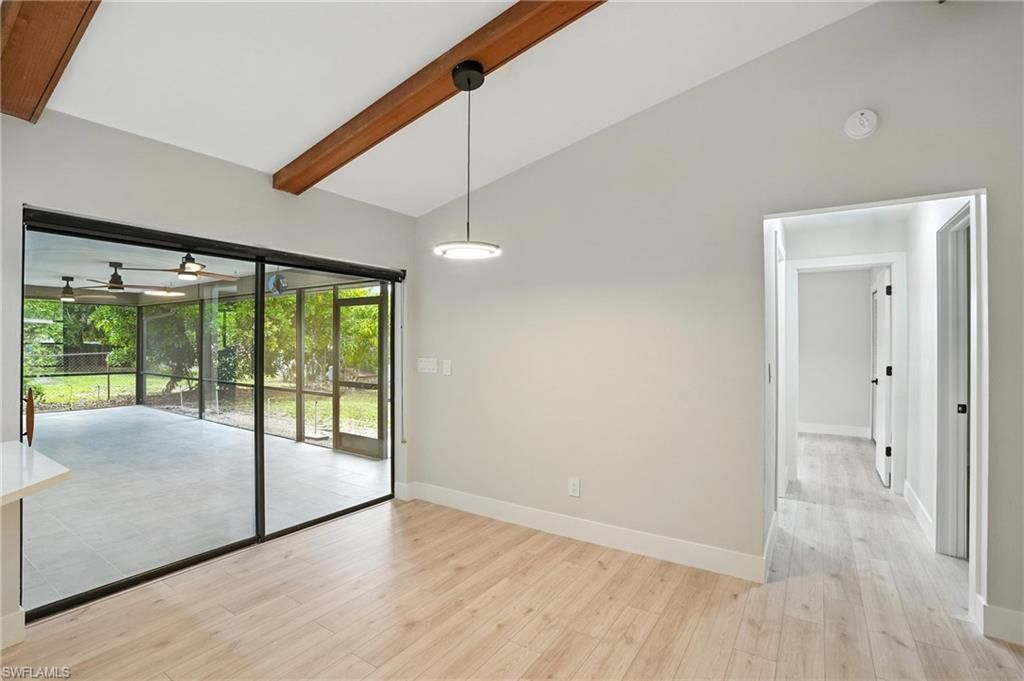 Empty room, Interior, Pendant Lights, Wooden Beams, Wood Texture Flooring