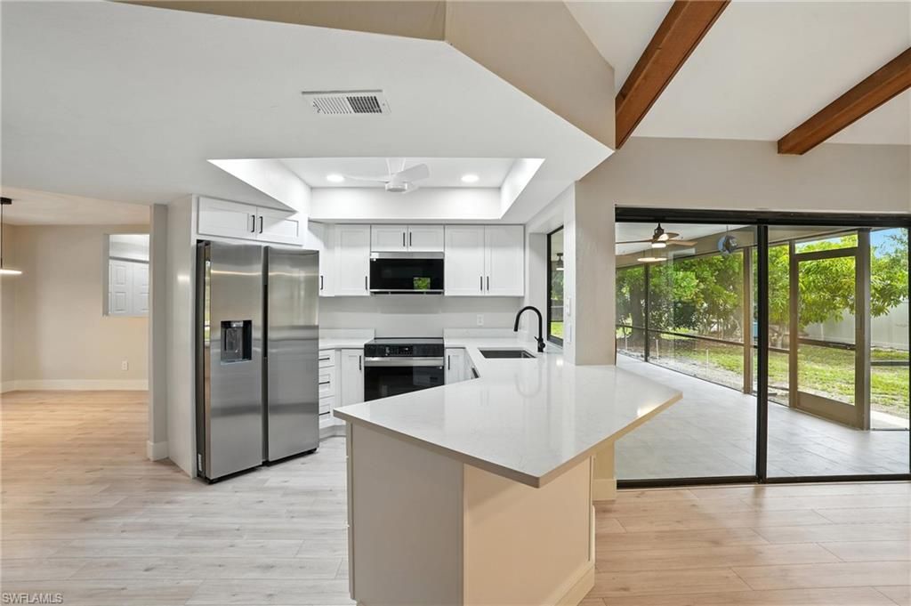 Interior, Kitchen, Recessed Lighting, Stainless Steel Appliances, Wooden Beams, Wood Texture Flooring