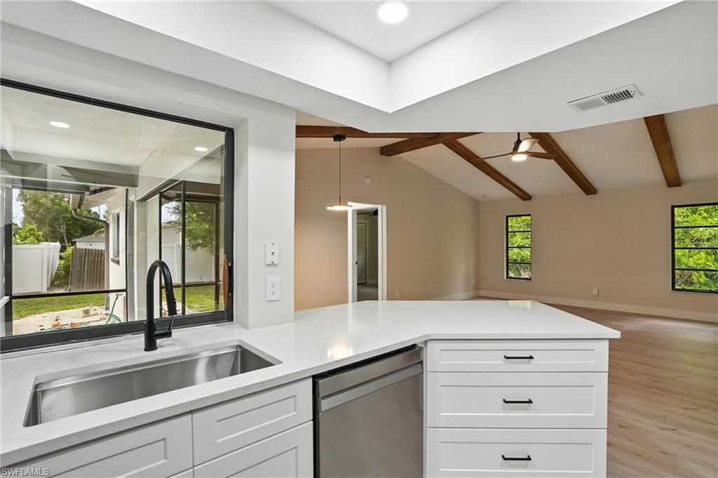 Interior, Kitchen, Pendant Lights, Recessed Lighting, Wooden Beams, Wood Texture Flooring