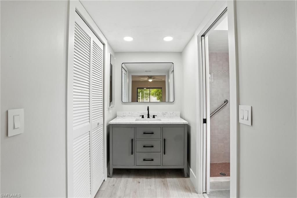 Bathroom, Interior, Recessed Lighting, Wood Texture Flooring