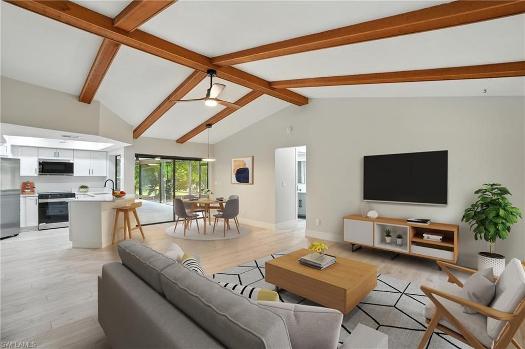 Dining room, Interior, Kitchen, Living room, Pendant Lights, Stainless Steel Appliances, Wooden Beams, Wood Texture Flooring