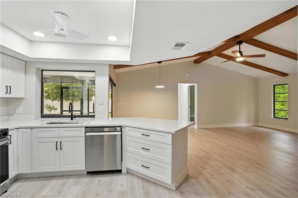 Interior, Kitchen, Pendant Lights, Recessed Lighting, Stainless Steel Appliances, Wooden Beams, Wood Texture Flooring