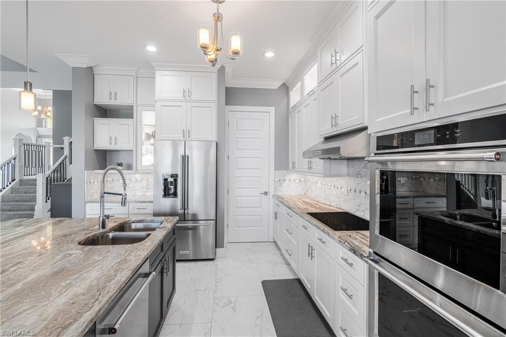 Interior, Kitchen, Marble, Pendant Lights, Recessed Lighting, Stainless Steel Appliances