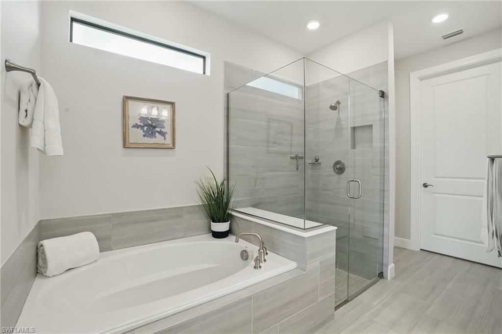 Bathroom, Glass Shower, Interior, Recessed Lighting, Wood Texture Flooring