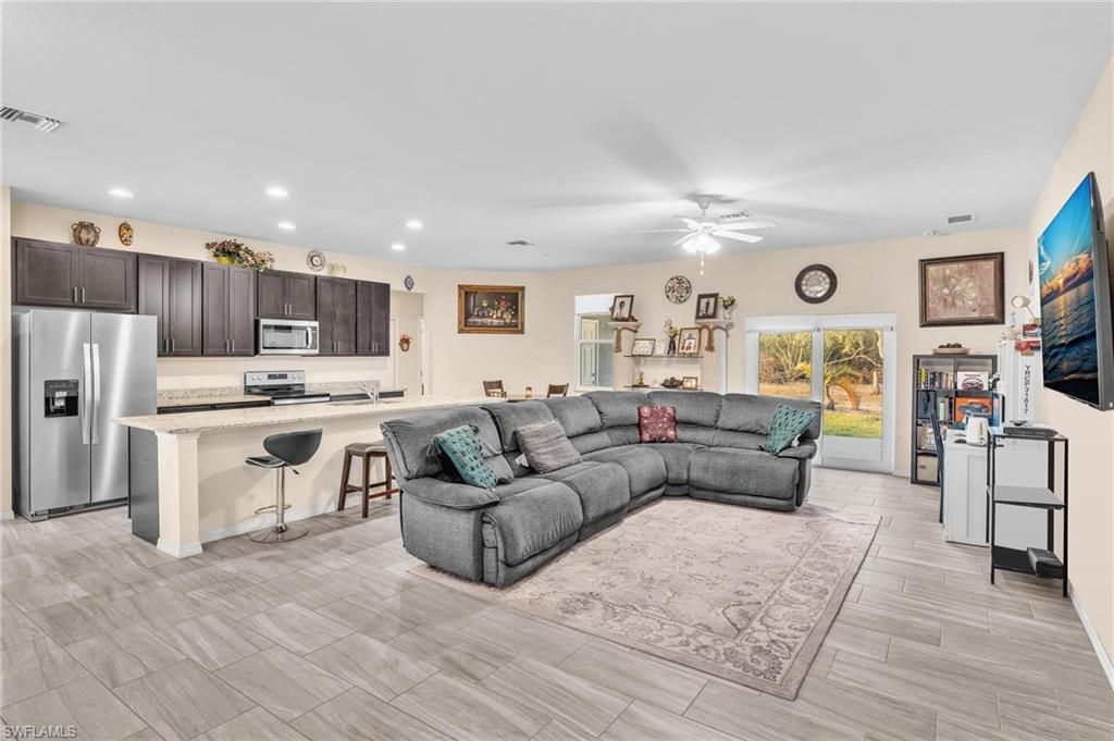 Interior, Kitchen, Living room, Recessed Lighting, Stainless Steel Appliances, Wood Texture Flooring