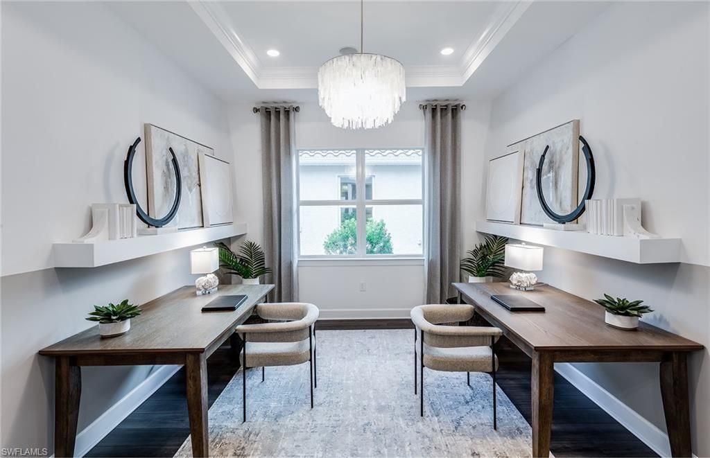 Chandelier, Home Office, Interior, Recessed Lighting, Wood Texture Flooring