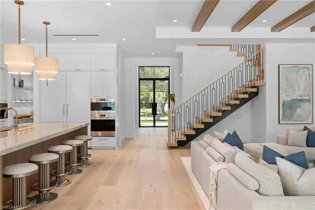 Interior, Kitchen, Living room, Pendant Lights, Recessed Lighting, Stainless Steel Appliances, Wooden Beams, Wood Texture Flooring