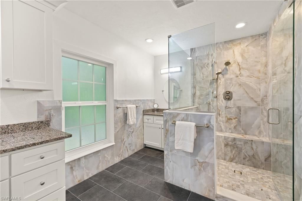 Bathroom, Glass Shower, Interior, Marble Walls, Recessed Lighting