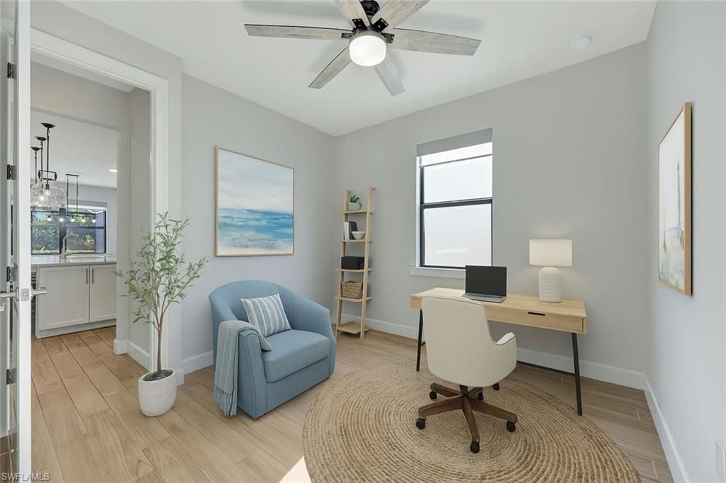 Home Office, Interior, Pendant Lights, Wood Texture Flooring