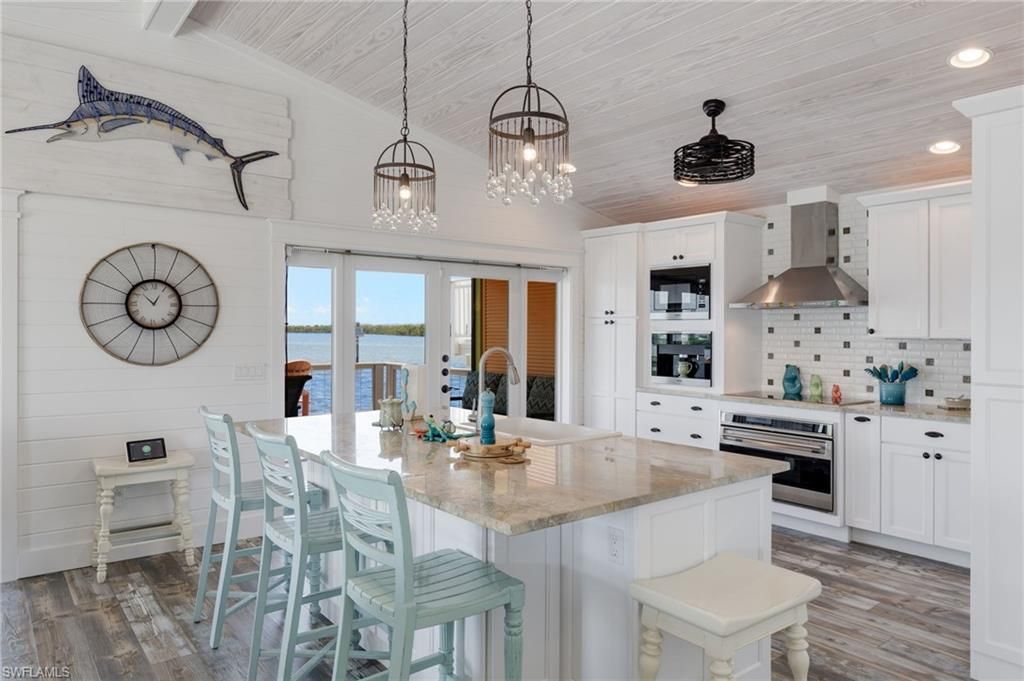 Interior, Kitchen, Pendant Lights, Recessed Lighting, Stainless Steel Appliances, Water, Wood Texture Flooring