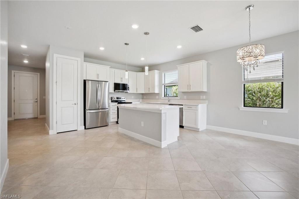 Chandelier, Interior, Kitchen, Pendant Lights, Recessed Lighting, Stainless Steel Appliances