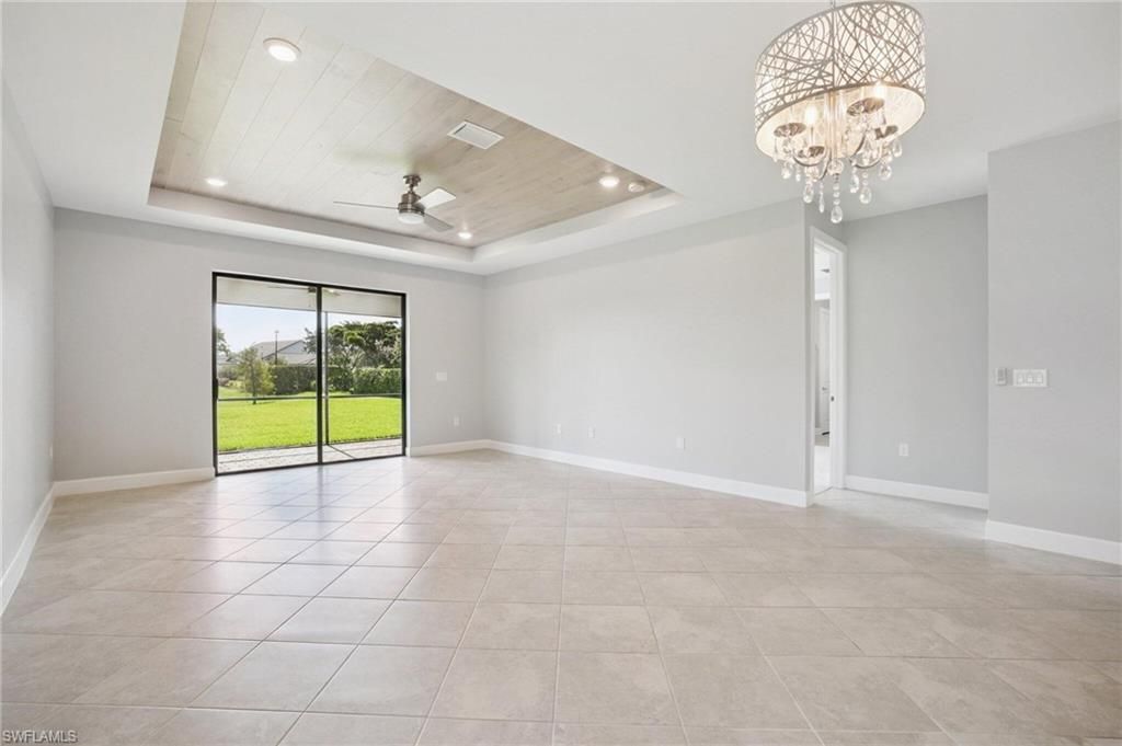 Chandelier, Empty room, Interior, Recessed Lighting, Wooden Ceilings