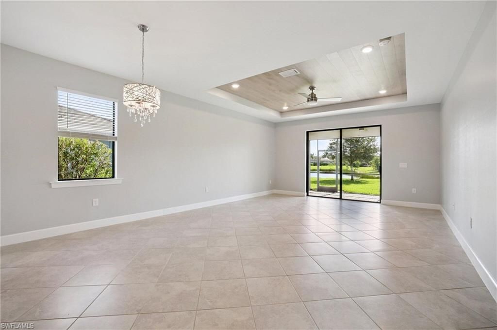 Chandelier, Empty room, Interior, Recessed Lighting, Wooden Ceilings