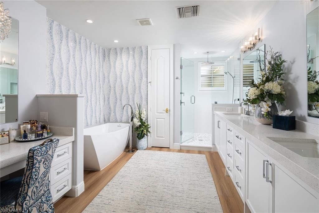Bathroom, Dual Sink Vanities, Free Standing Baths, Interior, Recessed Lighting, Wood Texture Flooring