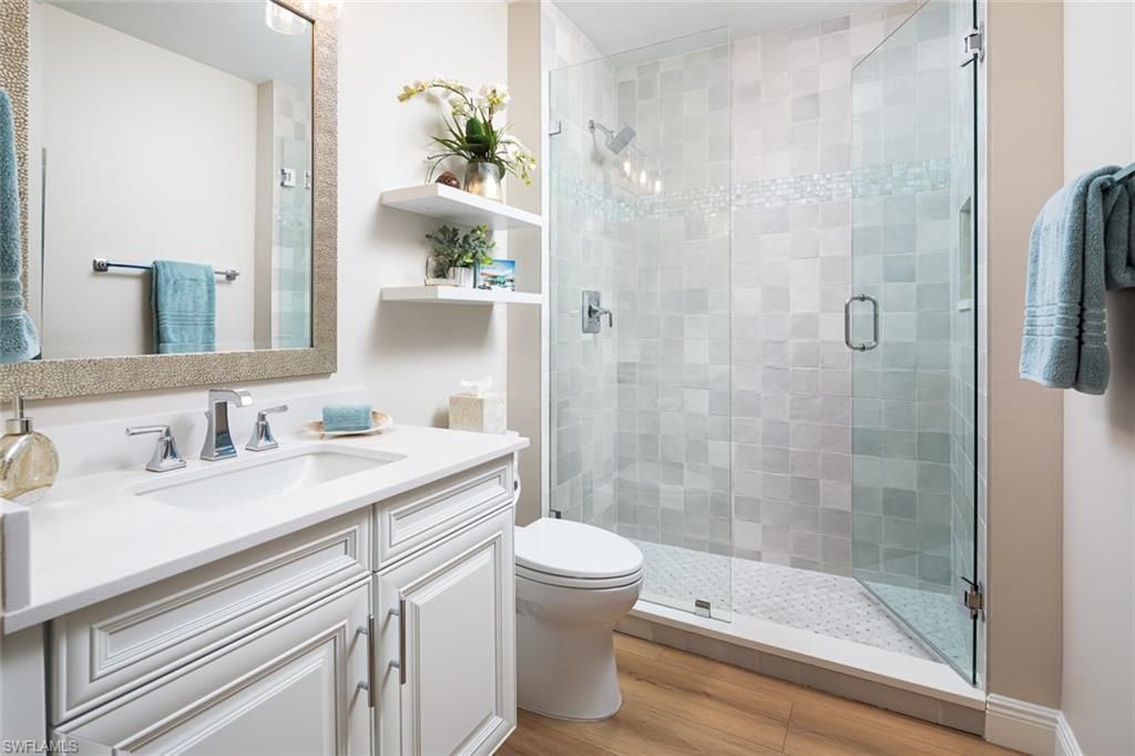 Bathroom, Glass Shower, Interior, Wood Texture Flooring