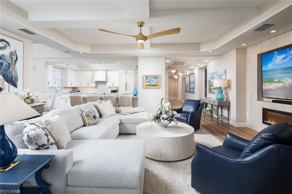 Fireplace, Interior, Kitchen, Living room, Recessed Lighting, Stainless Steel Appliances, Wood Texture Flooring