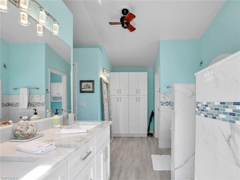 Bathroom, Interior, Marble Walls, Wood Texture Flooring