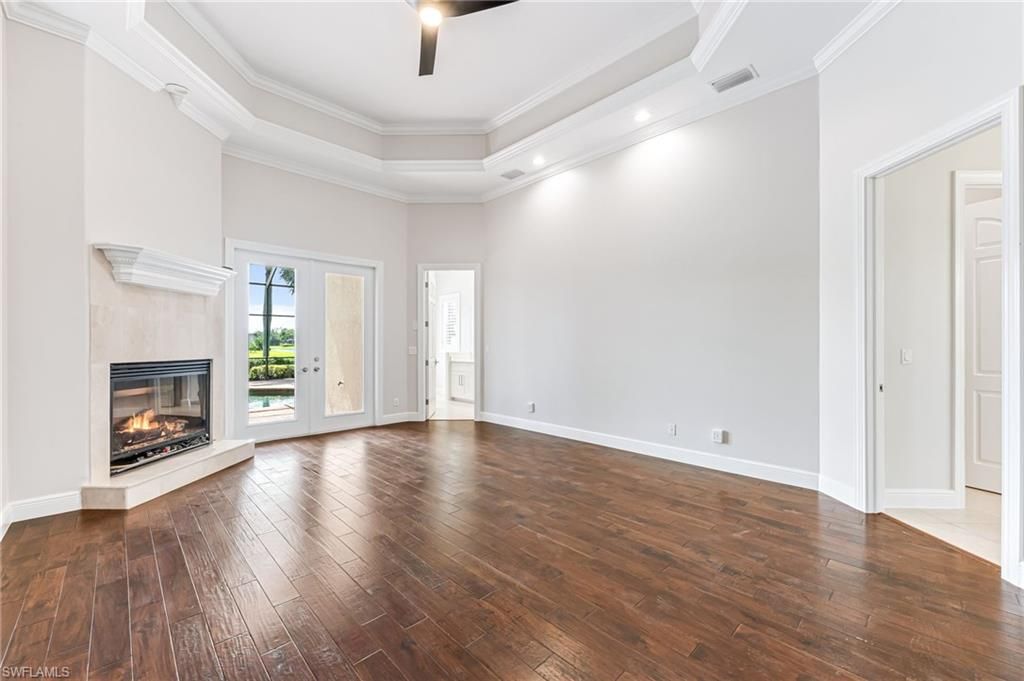 Empty room, Fireplace, Interior, Recessed Lighting, Wood Texture Flooring