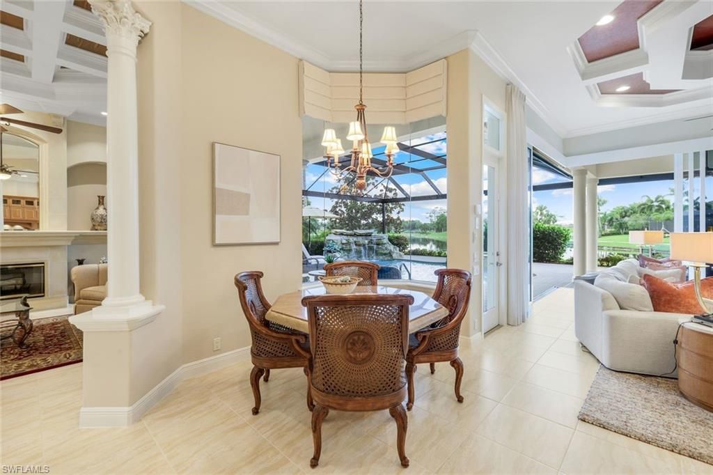 Chandelier, Dining room, Fireplace, Interior, Living room, Pendant Lights, Recessed Lighting, Water