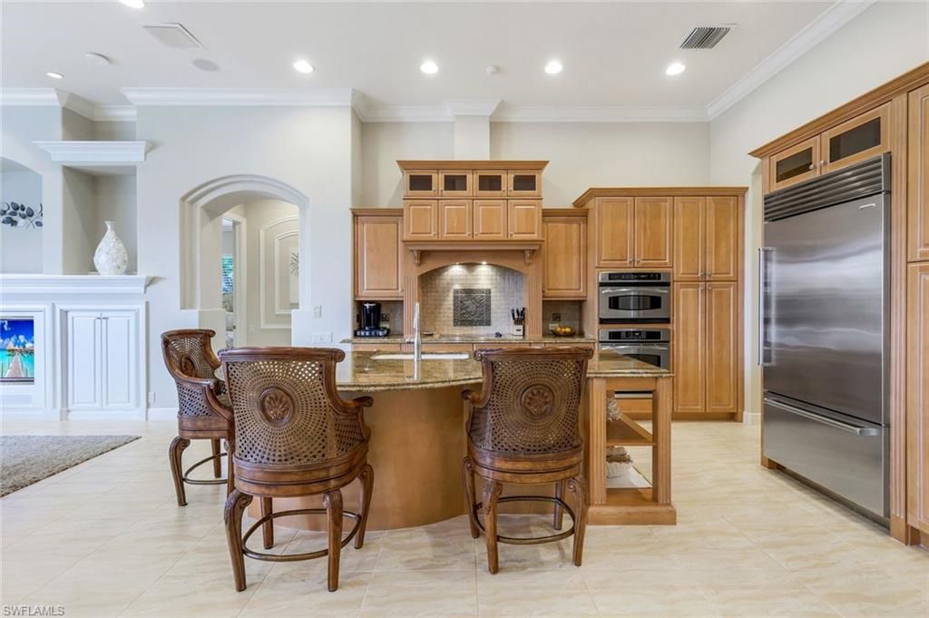 Fireplace, Interior, Kitchen, Recessed Lighting, Stainless Steel Appliances
