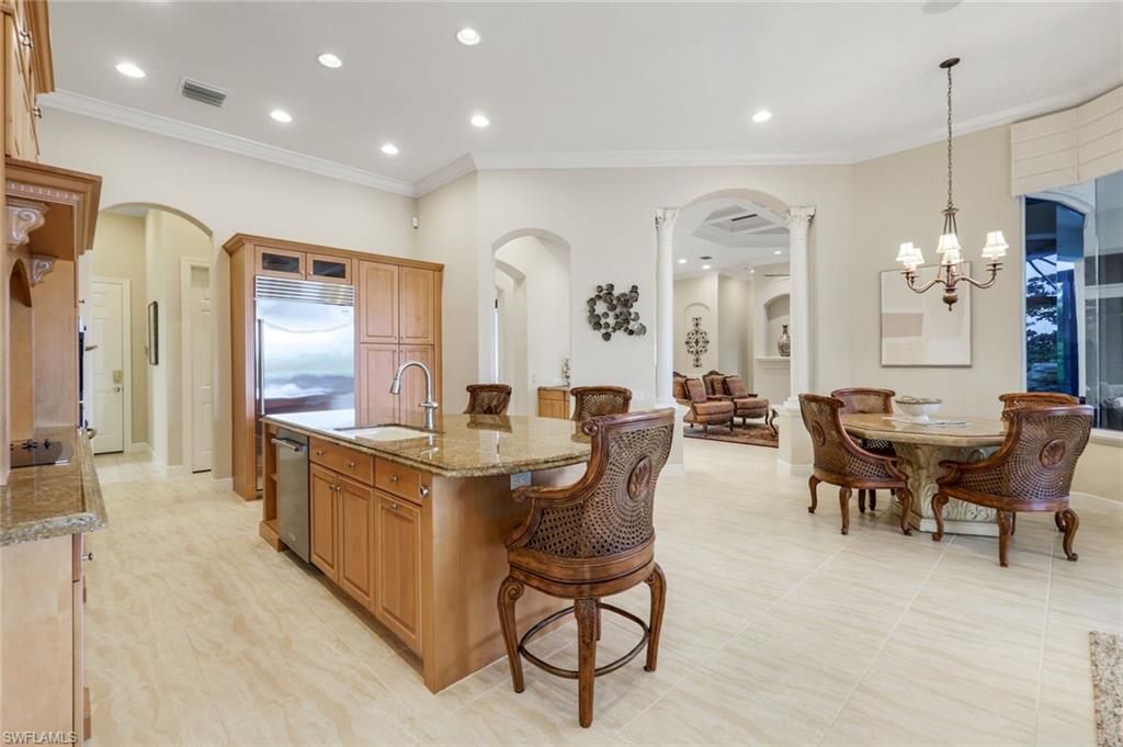 Chandelier, Dining room, Interior, Kitchen, Living room, Recessed Lighting, Stainless Steel Appliances