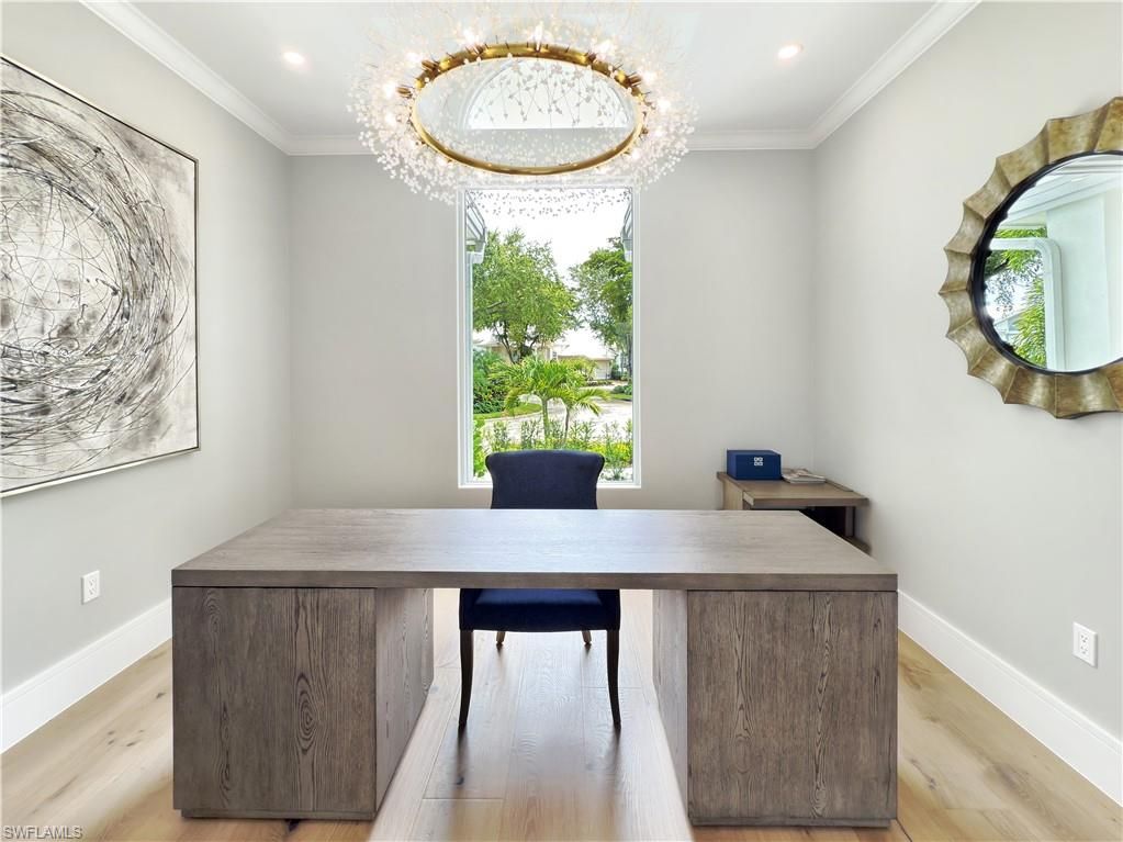 Chandelier, Home Office, Interior, Recessed Lighting, Wood Texture Flooring