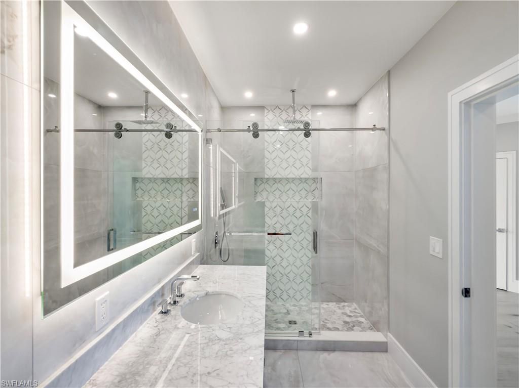 Bathroom, Glass Shower, Interior, Marble, Pendant Lights, Recessed Lighting