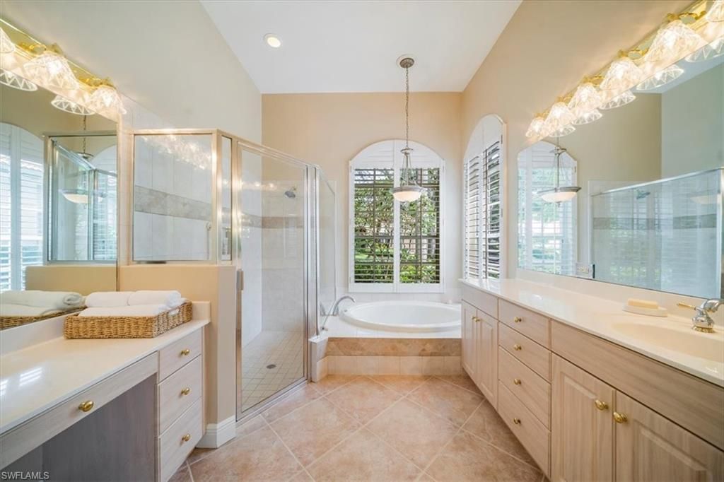 Bathroom, Dual Sink Vanities, Glass Shower, Interior, Pendant Lights, Recessed Lighting