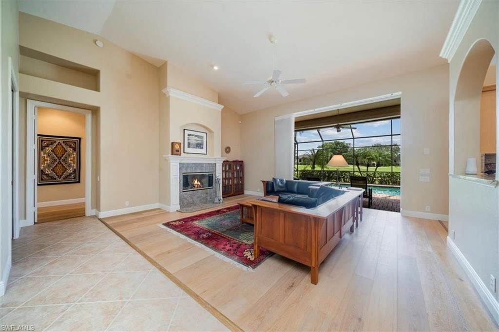 Fireplace, Interior, Living room, Recessed Lighting, Wood Texture Flooring