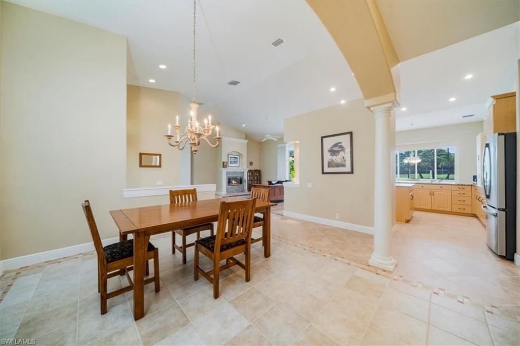 Chandelier, Dining room, Fireplace, Interior, Kitchen, Recessed Lighting