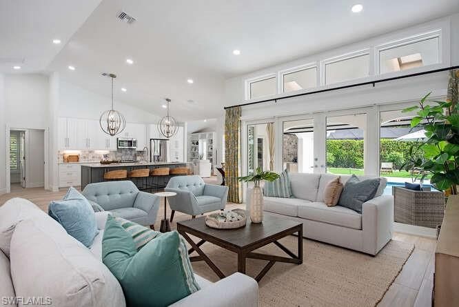 Interior, Kitchen, Living room, Pendant Lights, Recessed Lighting, Wood Texture Flooring