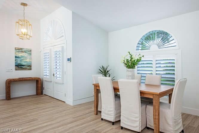 Dining room, Interior, Pendant Lights, Wood Texture Flooring
