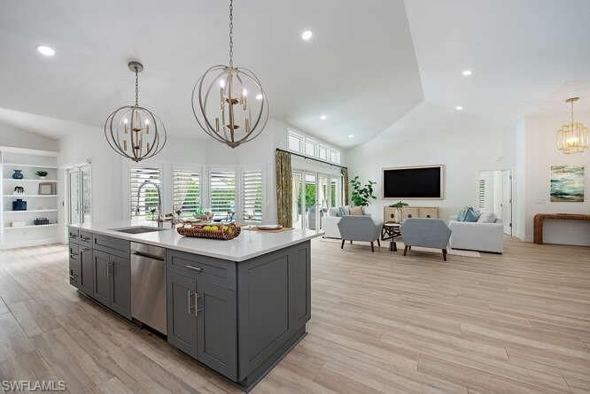 Chandelier, Interior, Kitchen, Living room, Pendant Lights, Recessed Lighting, Wood Texture Flooring
