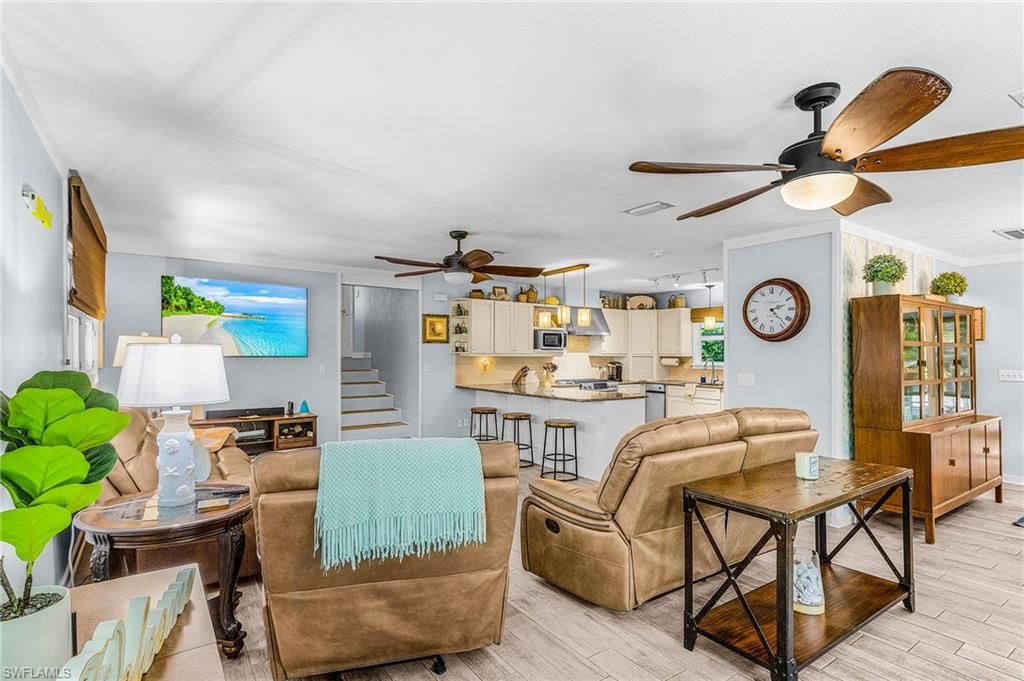 Interior, Kitchen, Living room, Pendant Lights, Stainless Steel Appliances, Wood Texture Flooring