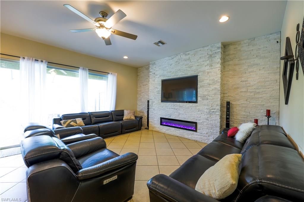 Fireplace, Interior, Living room, Recessed Lighting, Stone Walls