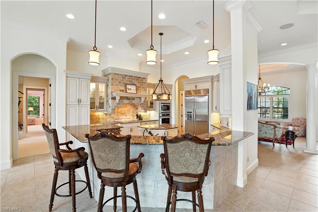 Interior, Kitchen, Pendant Lights, Recessed Lighting, Stainless Steel Appliances, Stone Walls