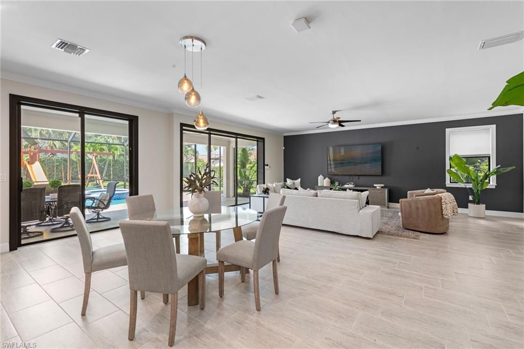 Dining room, Interior, Living room, Pendant Lights, Wood Texture Flooring