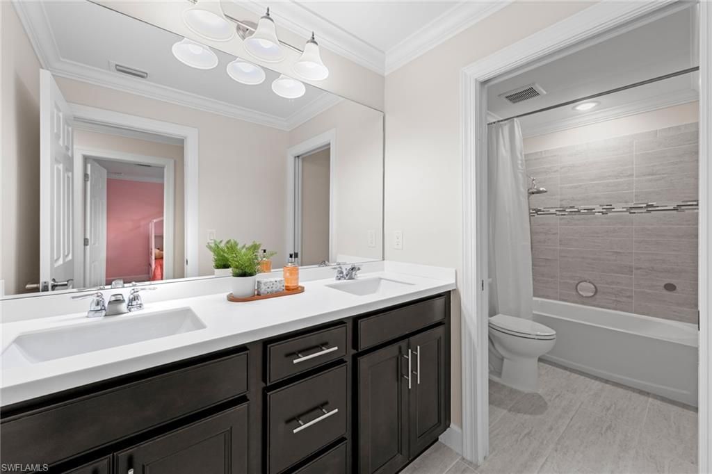 Bathroom, Dual Sink Vanities, Interior, Recessed Lighting, Wood Texture Flooring