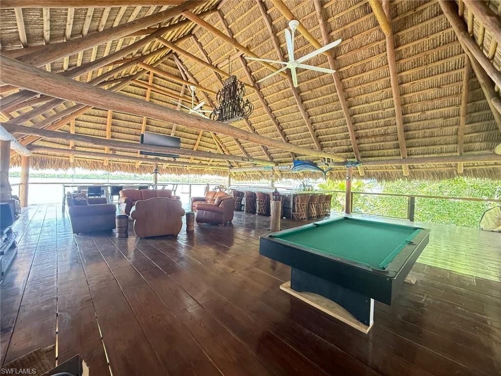 Billiard Table, Game Room, Interior, Living room, Pendant Lights, Wooden Beams, Wooden Ceilings, Wood Texture Flooring