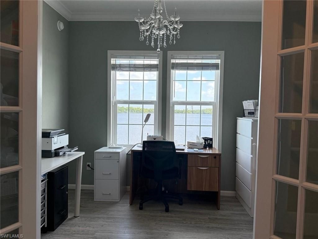 Chandelier, Home Office, Interior, Wood Texture Flooring