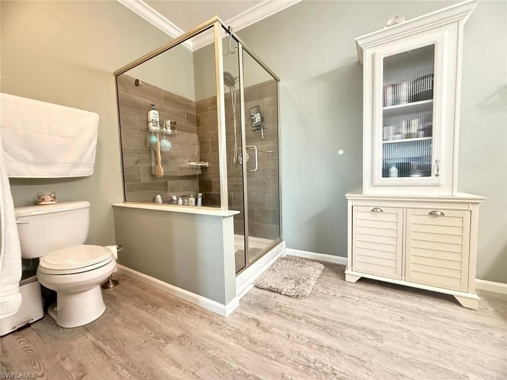 Bathroom, Glass Shower, Interior, Wood Texture Flooring