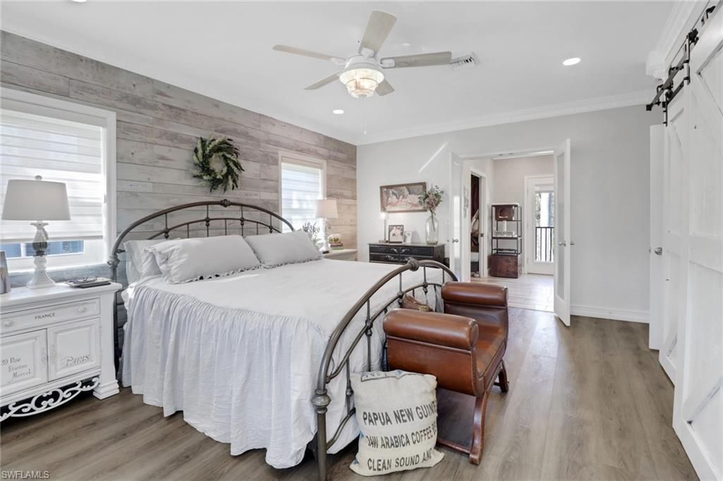 Bedroom, Interior, Recessed Lighting, Wood Texture Flooring, Wooden Walls