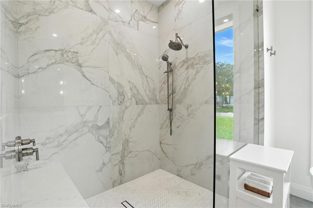 Bathroom, Glass Shower, Interior, Marble Walls, Recessed Lighting