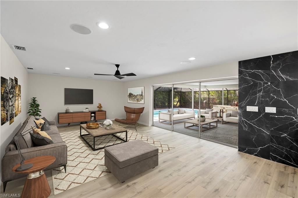 Interior, Living room, Marble Walls, Recessed Lighting, Wood Texture Flooring