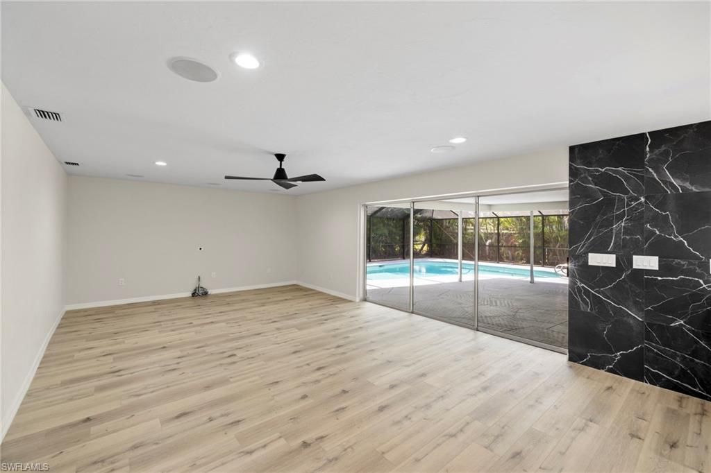 Empty room, Interior, Marble Walls, Recessed Lighting, Wood Texture Flooring