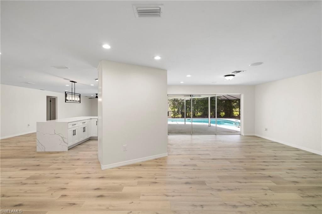 Empty room, Interior, Kitchen, Pendant Lights, Recessed Lighting, Wood Texture Flooring