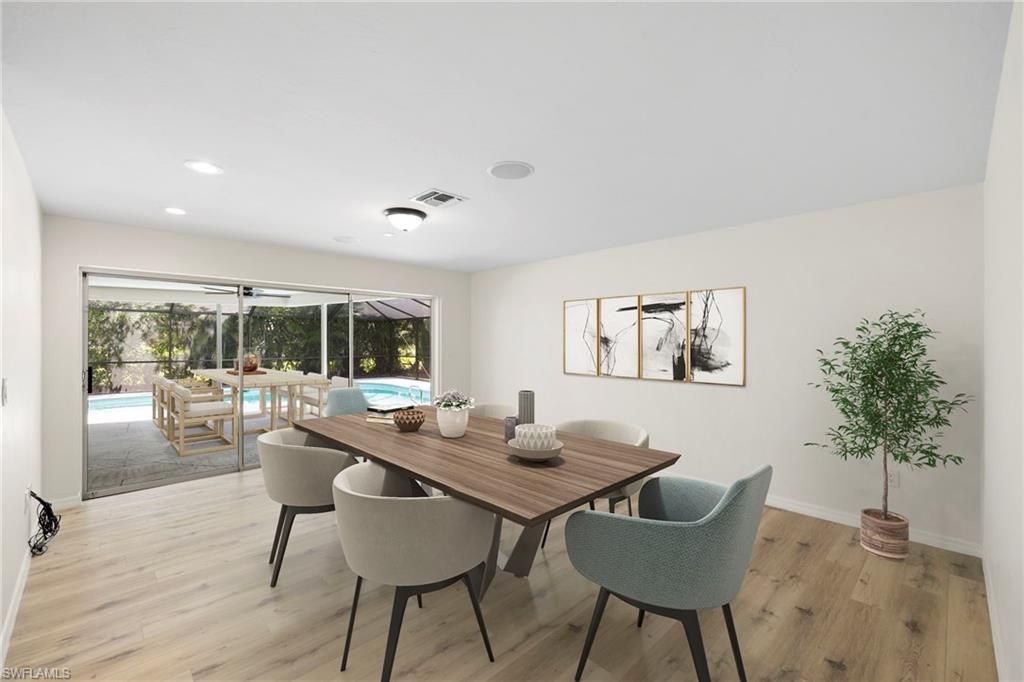 Dining room, Interior, Recessed Lighting, Wood Texture Flooring
