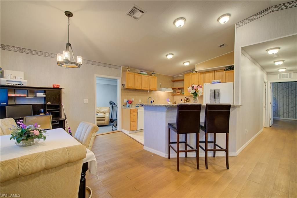 Dining room, Interior, Kitchen, Pendant Lights, Wood Texture Flooring