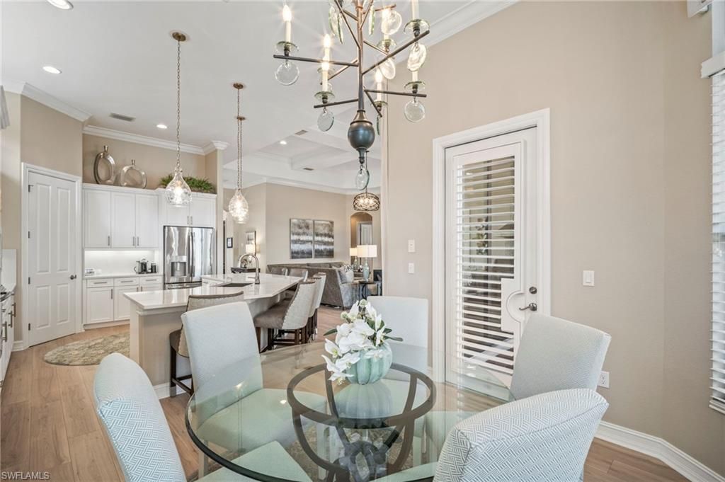 Dining room, Interior, Kitchen, Pendant Lights, Recessed Lighting, Stainless Steel Appliances, Wood Texture Flooring