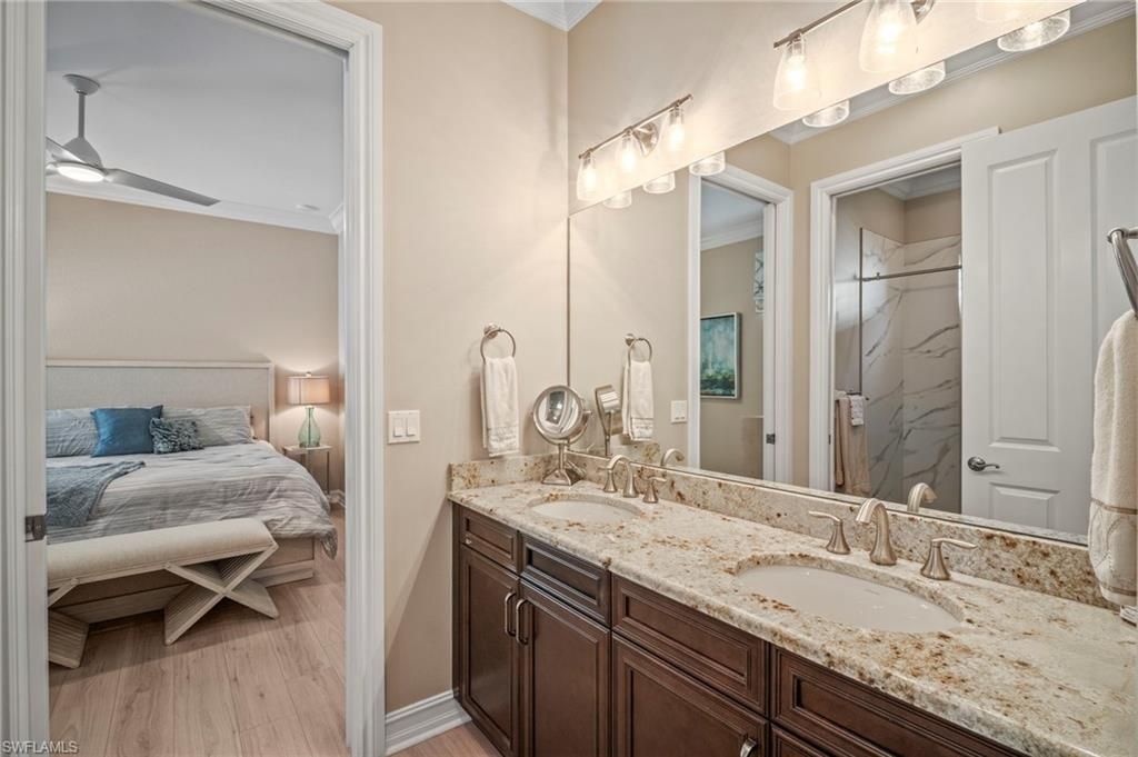 Bathroom, Bedroom, Dual Sink Vanities, Interior, Marble Walls, Wood Texture Flooring